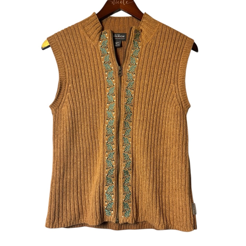 Vintage Woolrich Women's Tan Clove Rib Knit Full Zip Sweater Vest - Size Medium
